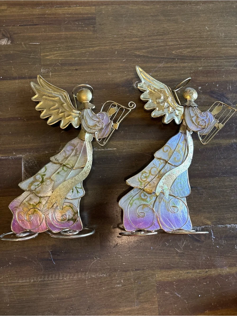 Vintage Holiday Capiz Shell Angel Gold Set 2 Harp Christmas Iridescent Whimsy
